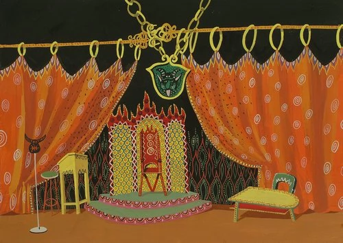 Тронный зал Вельзевула в аду. Эскиз декорации к спектаклю по пьесе Я. Дрды «Забытый черт». 1961